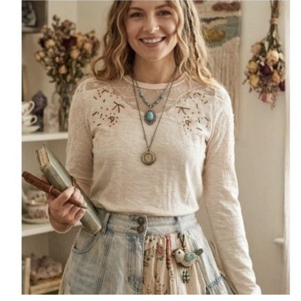 Free People Micha Top M Blush Pink Embroidered Mesh Long Sleeve Boho Romantic